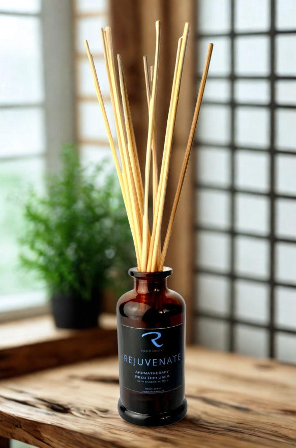 Rejuvenate Reed Diffuser, Essential Oil Reed Diffuser with Orange, Lemon and Lime, in Italian Inspired Vessel with Natural Reeds carefully designed by ReCalm Holistic