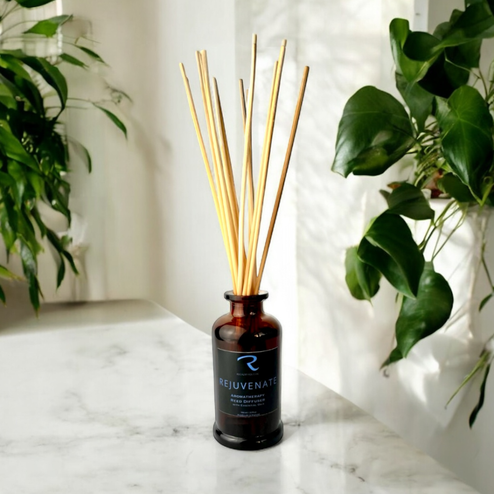 Rejuvenate Reed Diffuser by ReCalm Holistic, Essential Oil Reed Diffuser, Natural Home Fragrance, Home Decor, Apothecary Glass Vessel