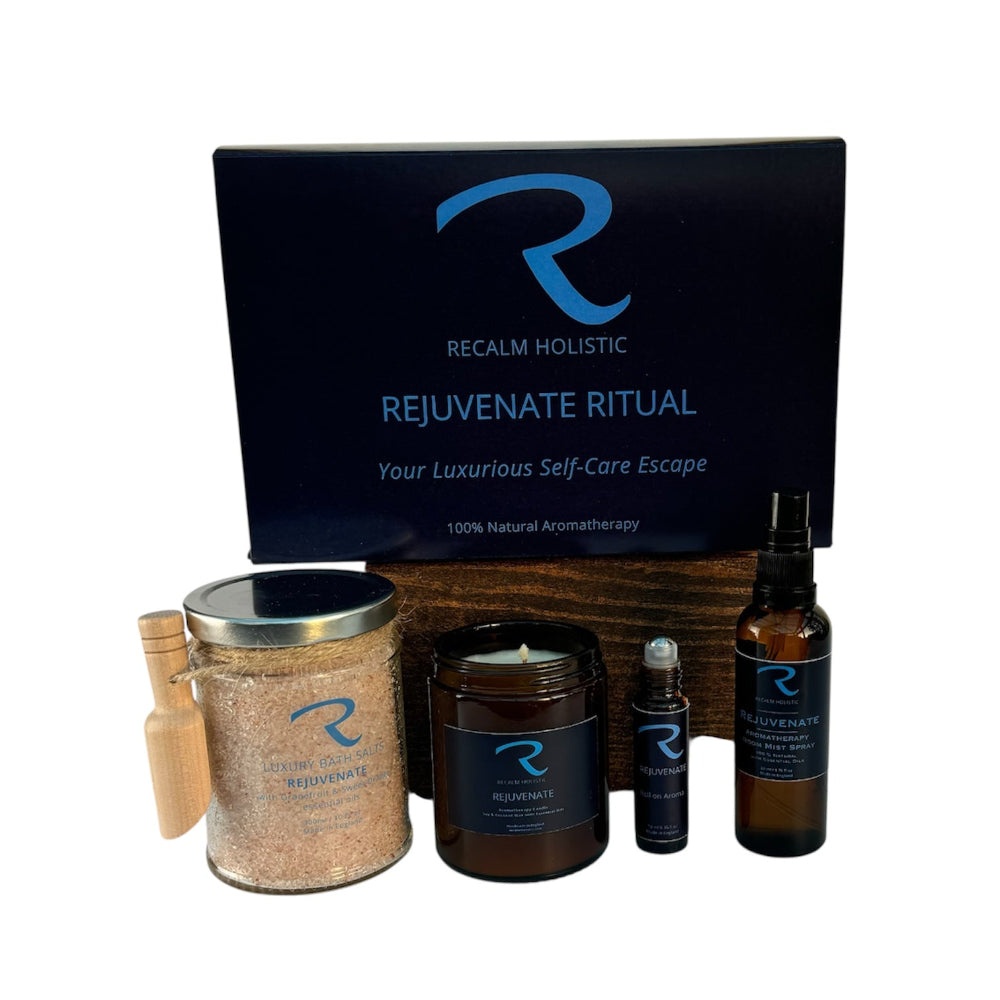 Recalm Holistic Rejuvenate Ritual self-care kit with Bath Salts, Candle, Pulse Points and Room Mist Spray