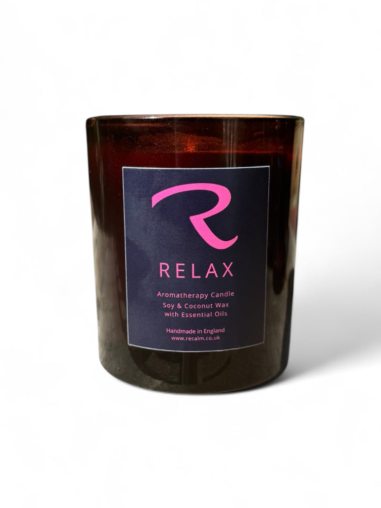 Relax Aromatherapy Candle by ReCalm Holistic, the finest essential oils candle with Lavender, Cedarwood and Clary Sage, our Sleep Promoting, Meditating, Calming Blend. 100% Natural Aromatherapy Candle in Luxury Amber Spa Glass Vessel