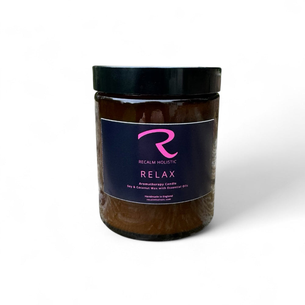 Relax Aromatherapy Candle, Relax Candle, Relax Essential Oil Candle in Amber Candle Vessel with Lavender, Cedarwood and Clary Sage pure essential oils with Soy and Coconut Wax Candle, 180ml Candle Vessel