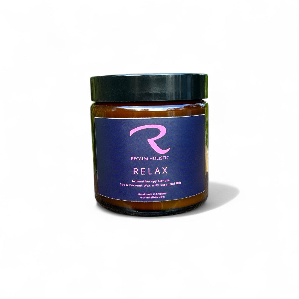 Relax Candle, ReCalm Holistic, exquisite luxury aromatherapy candle for deep relaxation, part of your self care routine and creating your weekly ritual to relax, rejuvenate, recover and ReCalm
