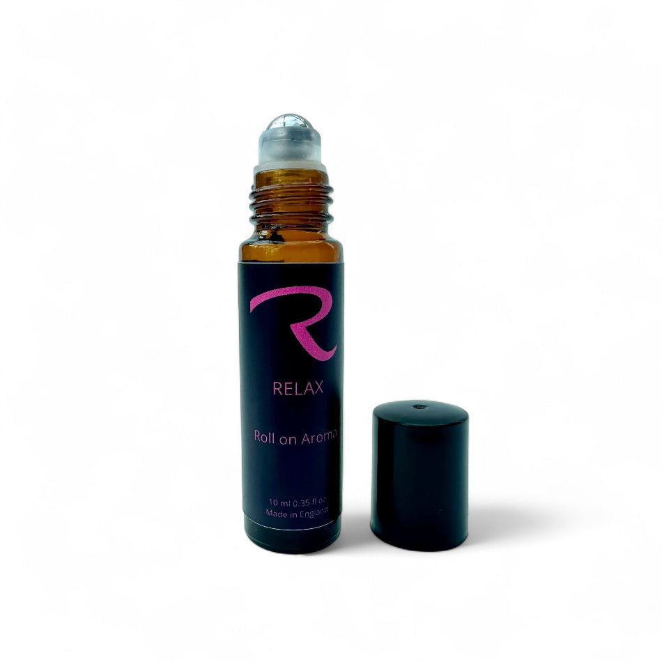 Roll-on aromatherapy for pulse points called RELAX, deeply calming, to relieve tension and prepare for a good night's sleep