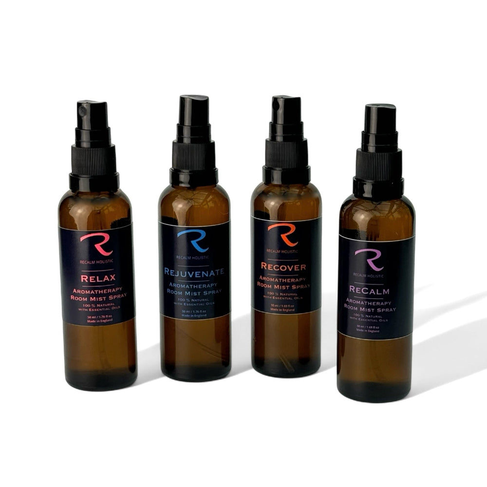 Set of 4 Aromatherapy Room Mist Sprays by ReCalm Holistic, to Relax Rejuvenate Recover and ReCalm