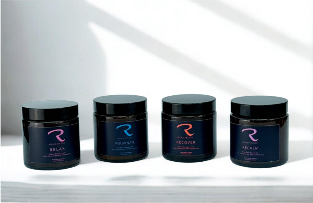 Aromatherapy Candles to Relax Rejuvenate Recover and ReCalm, in apothecary glass jars with lids, luxury mood enhancing aromas for every mood
