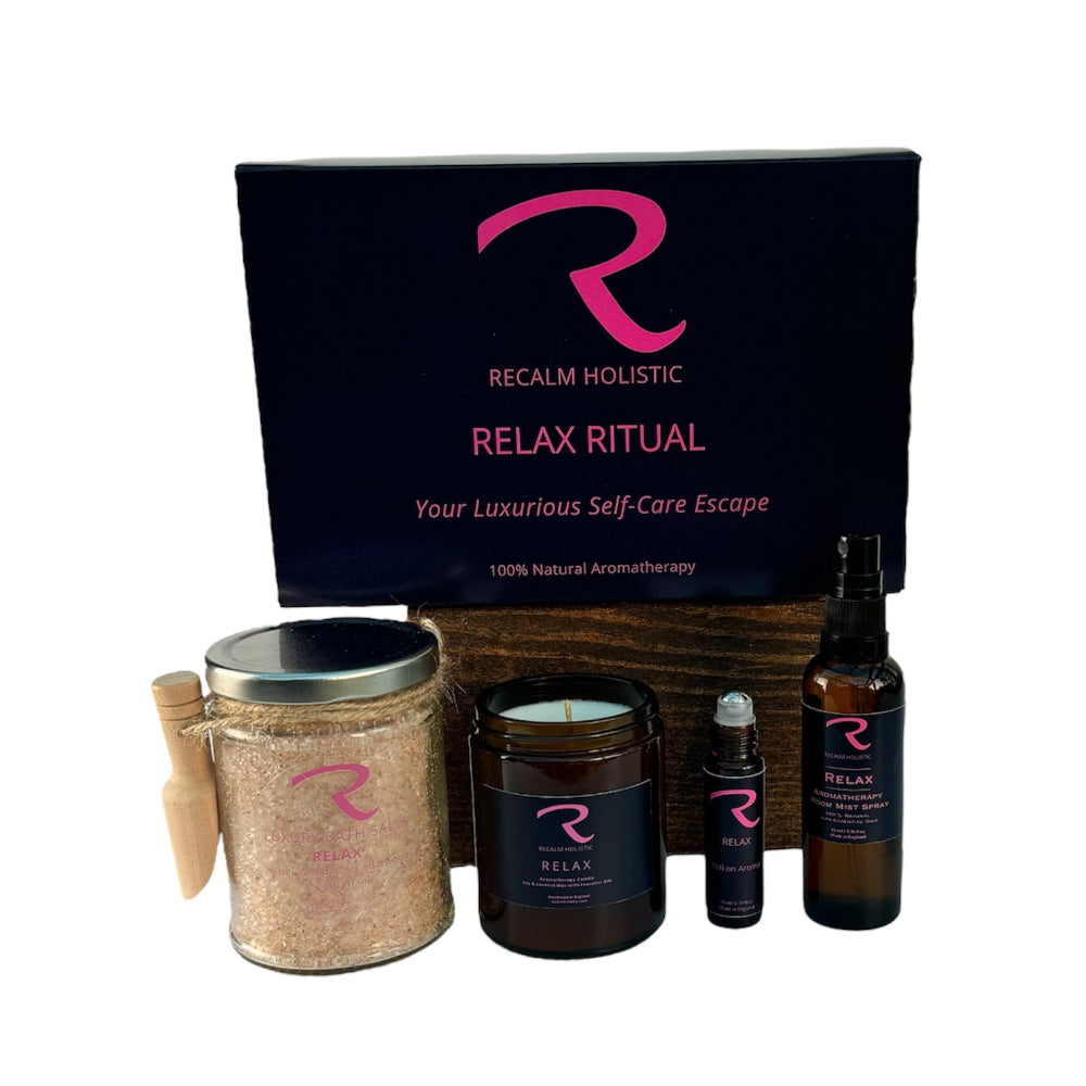 Relax Self Care Gift Set, Sleep Promoting, Restful, Stress Relieving Gift Set of Aromatherapy products, 100% Natural, Botanical Bath Salts, Aromatherapy Candle, Pulse Points and Room Mist Spray, Matching Calming Aroma, Exquisite Gift Set for Self Care, your Weekly Ritual to unwind and top up your energy reserves