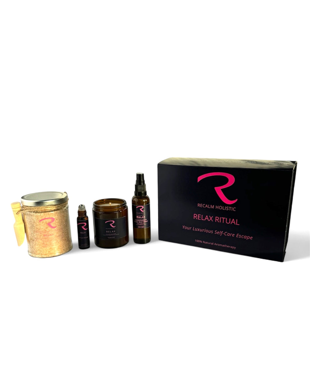 Relax Ritual Gift Set by ReCalm Holistic, a Set of Aromatherapy products designed to create your weekly home spa ritual in your home, with Bath Salts, Pulse Points, Aromatherapy Candle and Aromatherapy Room Mist Spray in a gorgeous magnetic box.
