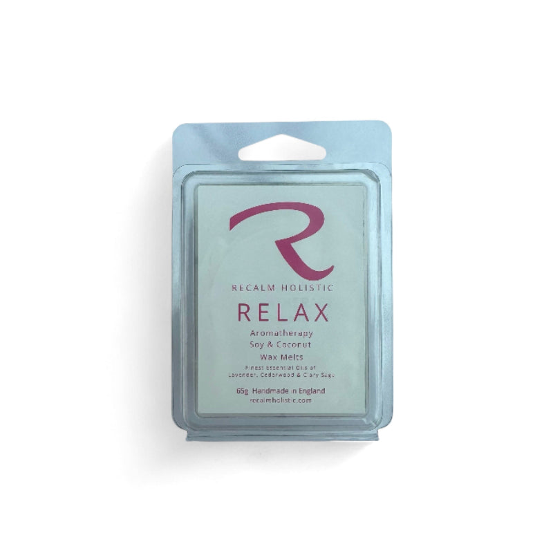 Recalm Holistic wax melts with package with 'Relax' text on a white background, pure soy and coconut finest wax melts with pure essential oils