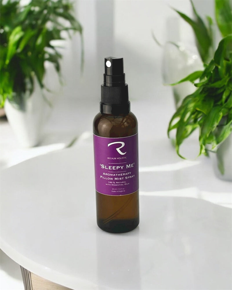 Sleepy Me Aromatherapy Pillow Mist Spray by ReCalm Holistic in Amber Glass Bottle, 100ml, fine mist atomiser spray, 100% natural essential oils to deeply relax and switch off for a good night's sleep