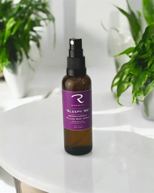 Sleepy Me Aromatherapy Pillow Mist Spray by ReCalm Holistic in Amber Glass Bottle, 100ml, fine mist atomiser spray, 100% natural essential oils to deeply relax and switch off for a good night's sleep