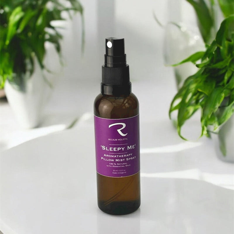 Sleepy Me Aromatherapy Pillow Mist Spray by ReCalm Holistic in Amber Glass Bottle, 100ml, fine mist atomiser spray, 100% natural essential oils to deeply relax and switch off for a good night's sleep