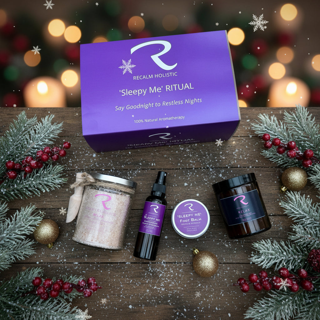 'Sleepy Me' Ritual Gift Set for Christmas by ReCalm Holistic, beautiful magnetic box with Botanical Bath Salts, Sleepy Me Room Mist, Sleepy Me foot Balm and Relax Aromatherapy Candle
