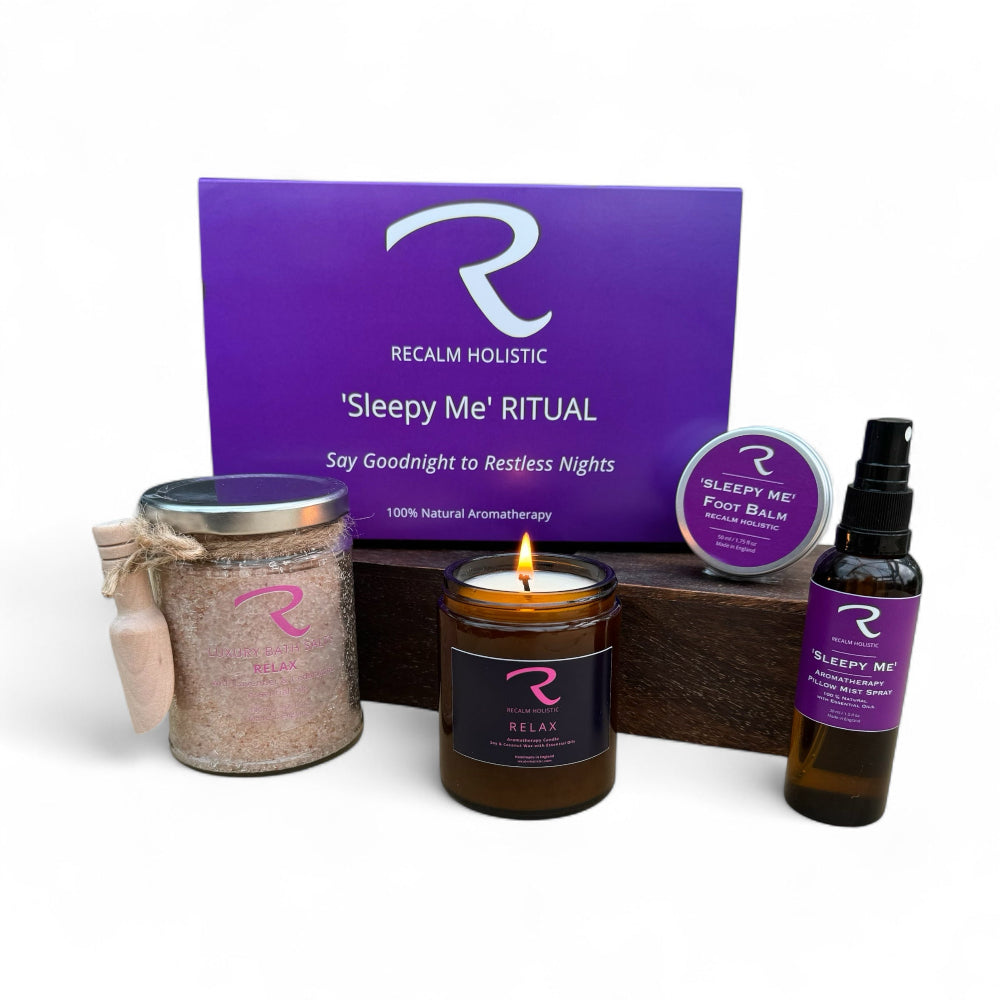 Recalm Holistic 'Sleepy Me' Ritual, The Best Aromatherapy Candles, Bath, Face and Body Products in the UK, 100% Natural, includes Relax Aromatherapy Candle, Matching Botanical Bath Salts and Sleepy Me Foot Balm and Aromatherapy Room Spritz