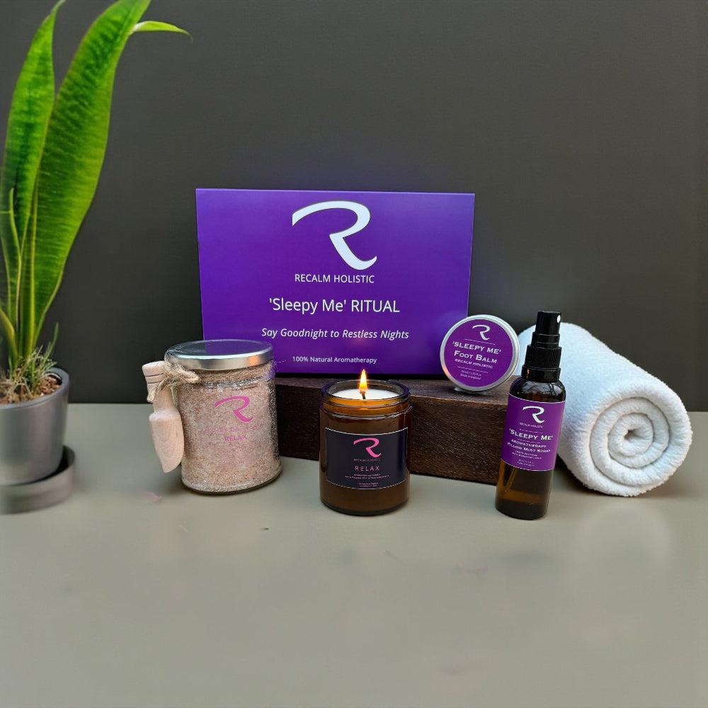 Sleepy Me Ritual Gift Set by ReCalm Holistic, Relax Aromatherapy Candle, Relax Botanical Bath Salts, Sleepy Me Foot Balm, Sleepy Me Room and Pillow Mist Spray for a Good Night's Sleep, For Restful Nights Sleep, Sleep Gift Set