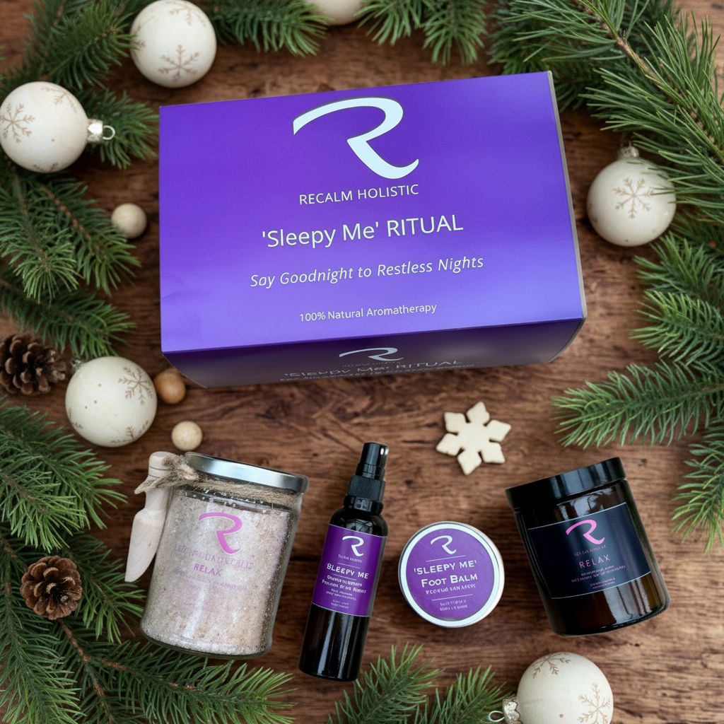 Sleepy Me Ritual Gift Set, Say Goodnight to Restless Nights, Aromatherapy Wellness Gift Set, your invitation to self-care, to enable you to create your little sanctuary of relaxation in your bathroom, with Aromatherapy Relax Bath Salts, Sleepy Me Fine Room Mist Spray, Sleepy Me Foot, Face and Body Balm and Relax Aromatherapy Candle