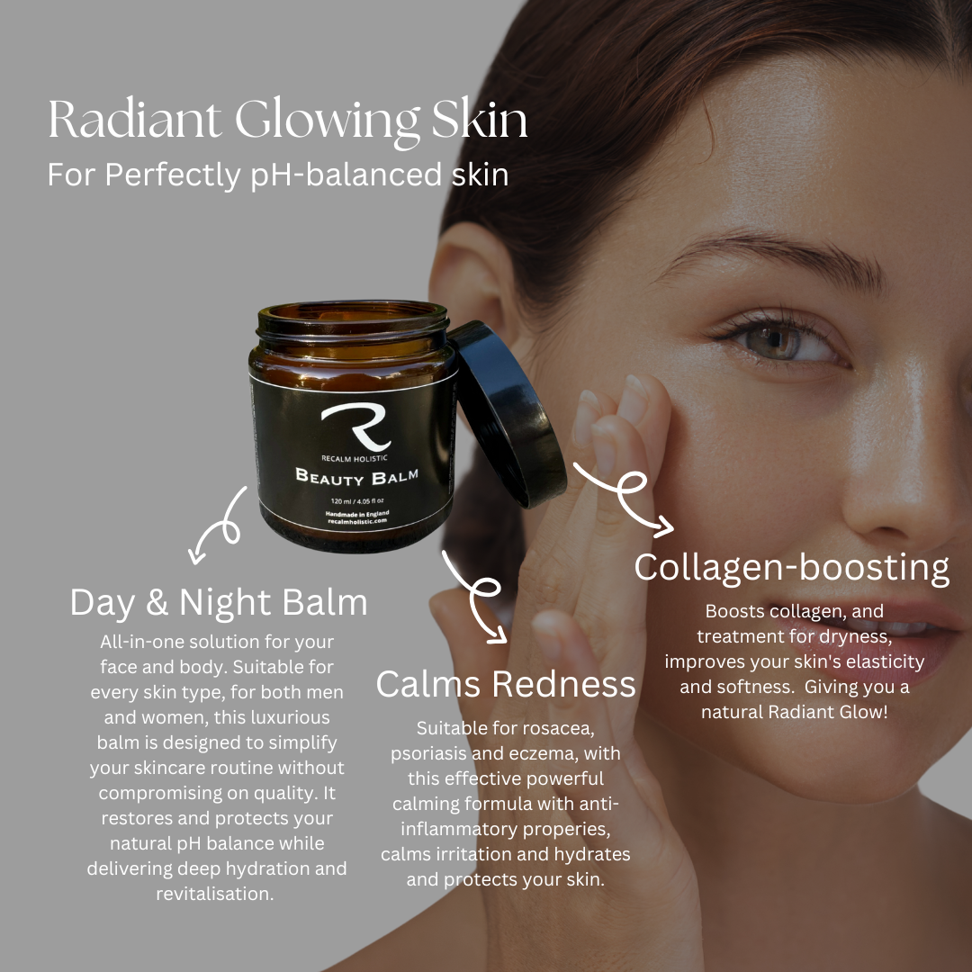 Graphic of a woman applying ReCalm Beauty Balm, an all-in-one skincare solution for radiant, pH-balanced skin. This day and night balm calms visible redness, offers a natural treatment for dryness, and is suitable for men, women, and skin prone to rosacea, psoriasis, and eczema
