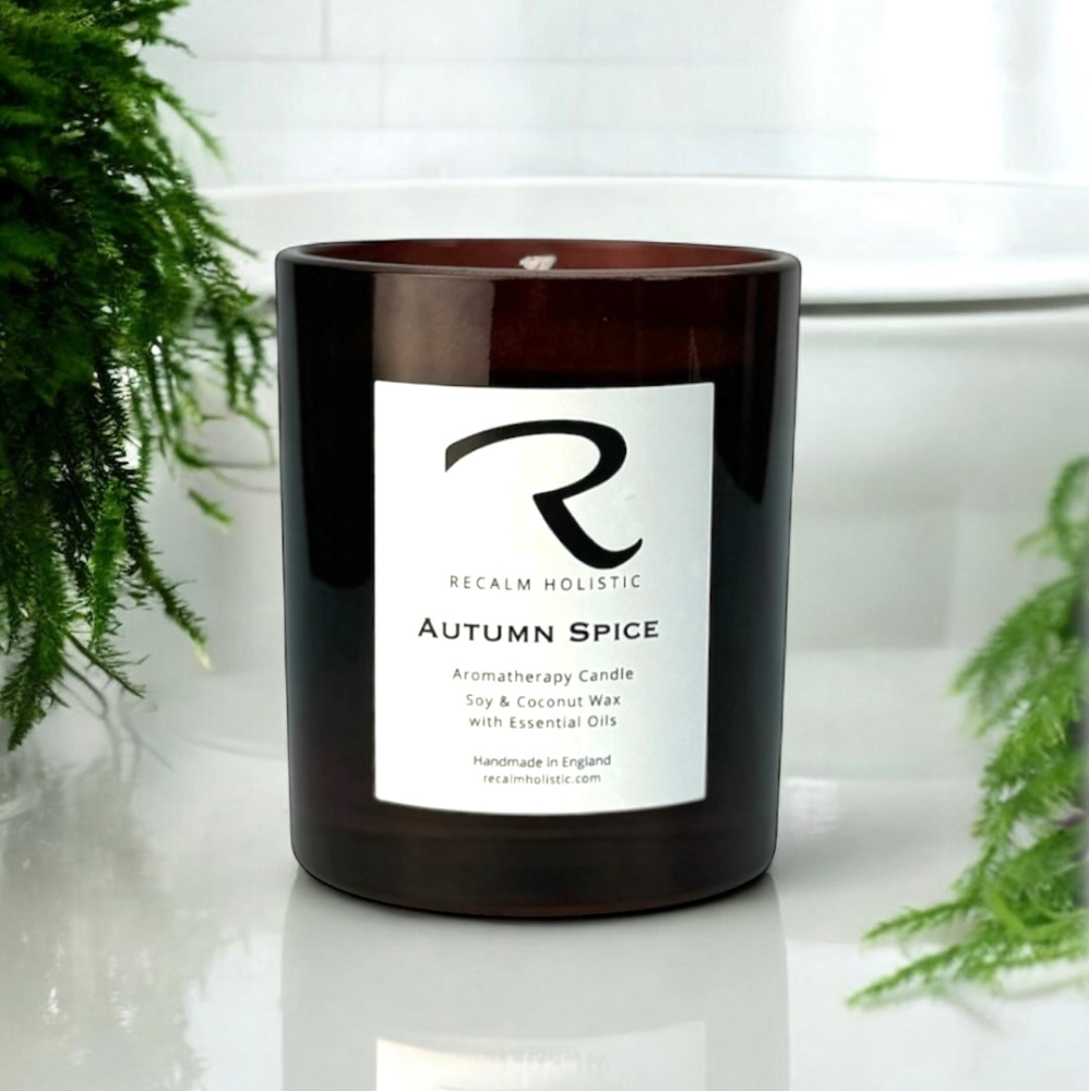 300ml Autumn Spice seasonal aromatherapy candle in an amber glass jar by Recalm Holistic, 100% natural, essential oil candle