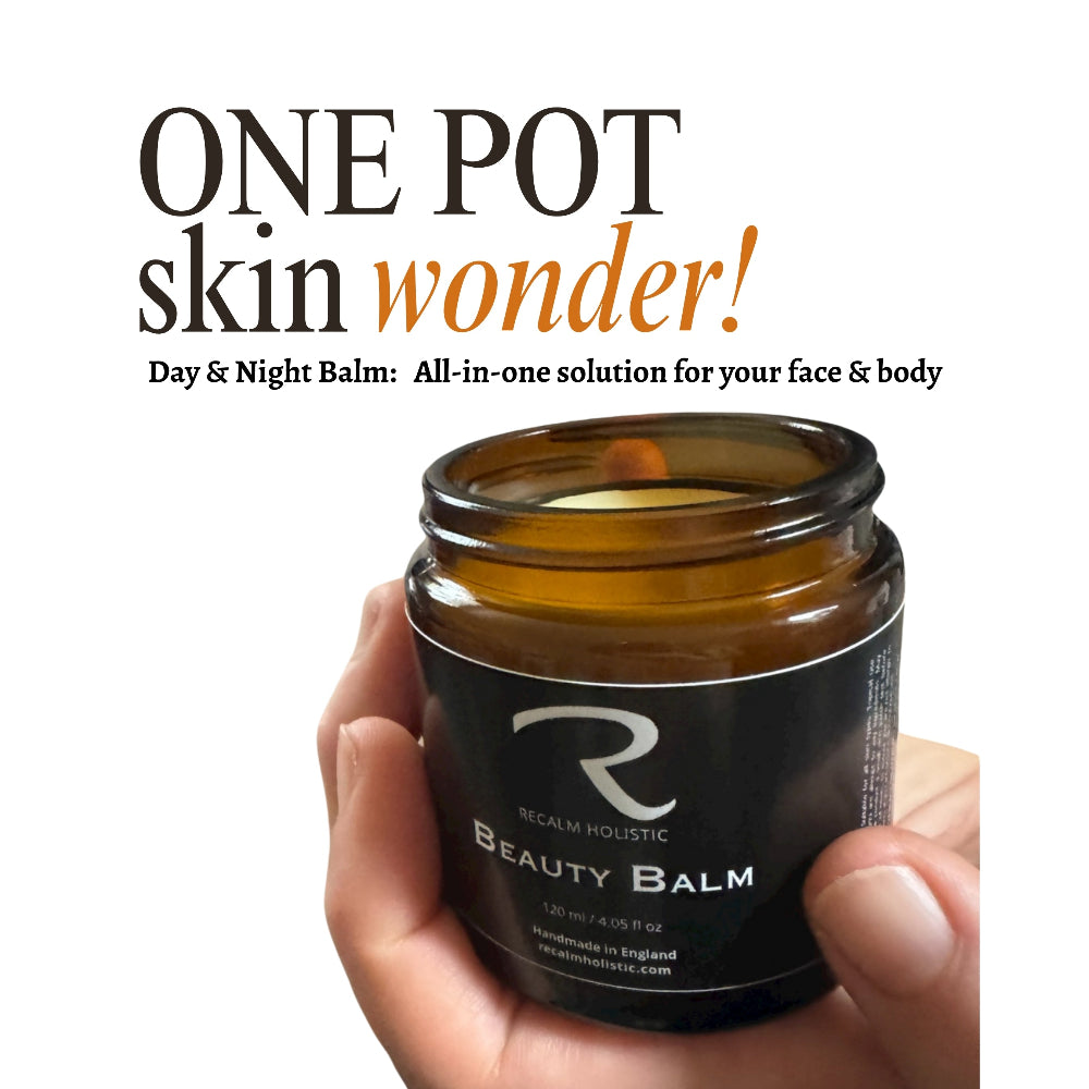 Graphic of ReCalm Beauty Balm featuring text that reads one pot wonder day and night balm all in one solution for face and body, acting as a natural skin barrier protector 