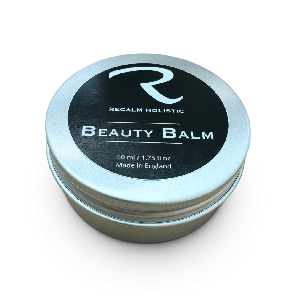 The everyday 50ml size tin of ReCalm Beauty Balm, an intensive natural formula for daily skin barrier protection and soothing dry skin irritation.