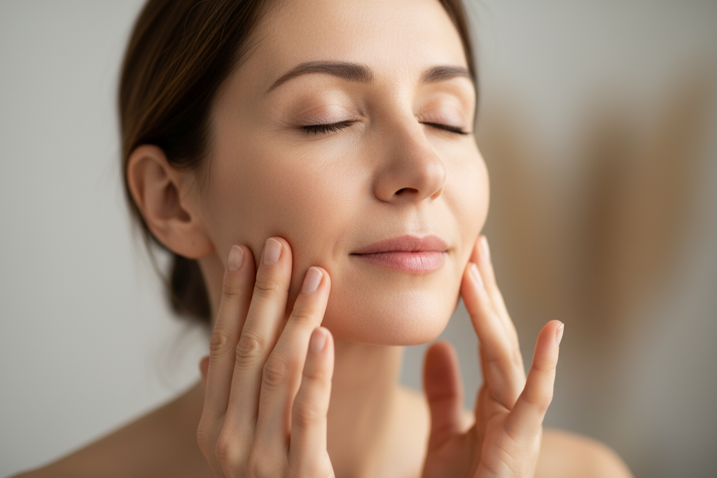 middle age women massaging her own face 