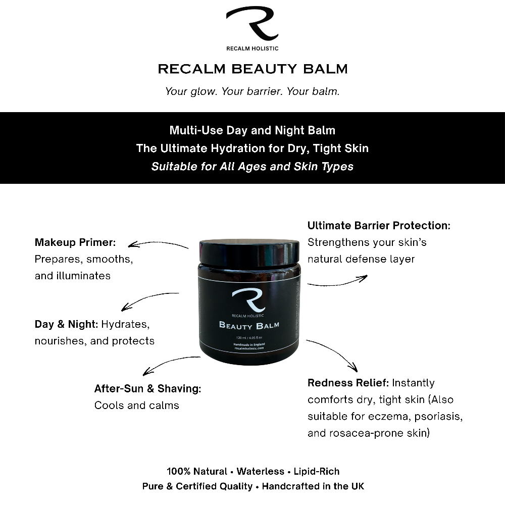 Infographic diagram of ReCalm Beauty Balm benefits including ultimate barrier protection, makeup primer, soothing aftersun, shaving care, and calming visible redness.