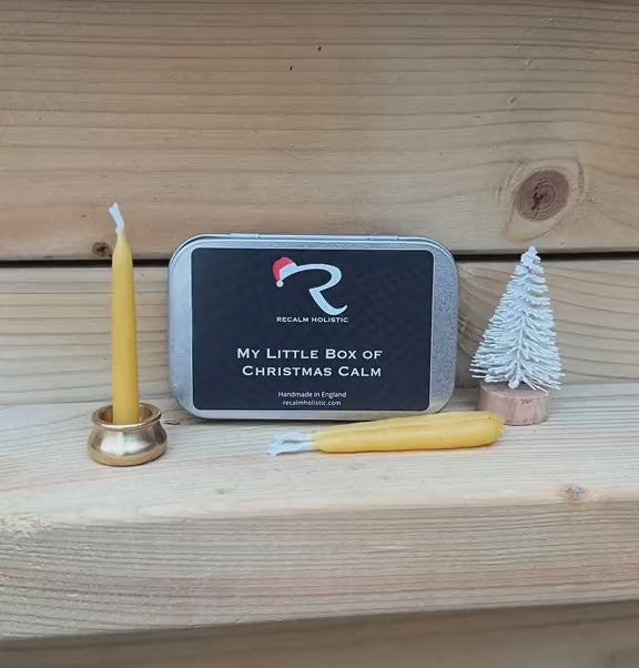 My Little Box of Christmas Calm, mini candles cute unique memorable portable gift for all ages from 18+ mini beeswax candles with solid brass stand, 25 mins burn each candle, 10 in the set, refills available