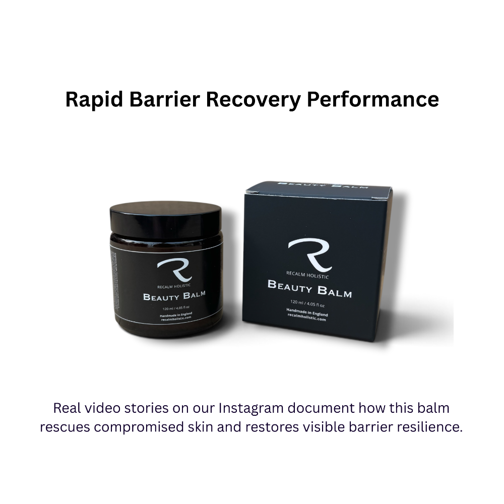 Graphic for ReCalm Beauty Balm stating rapid barrier recovery performance, highlighting real video stories on our Instagram documenting how this balm rescues compromised skin and restores visible barrier resistance.
