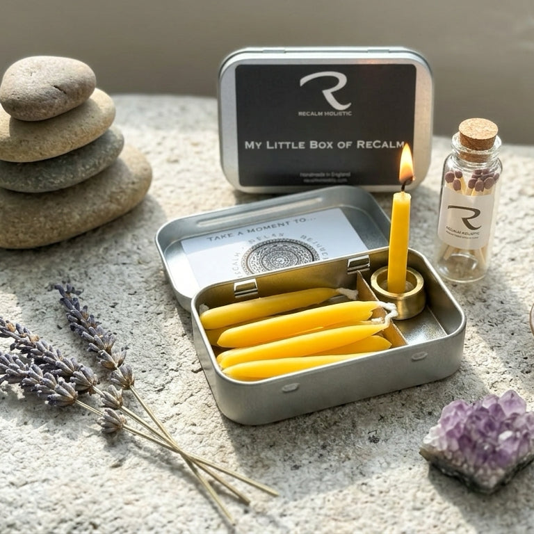Meditation set of ten (10) miniature beeswax candles in portable travel tin and mini solid brass stand by ReCalm Holistic, pure beeswax candles that burn for 25 mins each