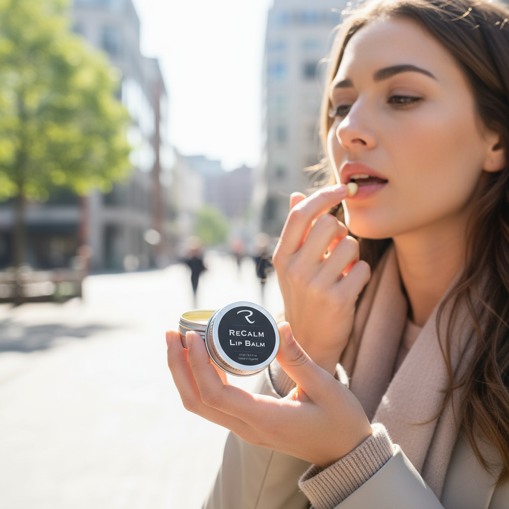 ReCalm Lip Balm being applied to lips by a women on the go it is a 10ml tin 