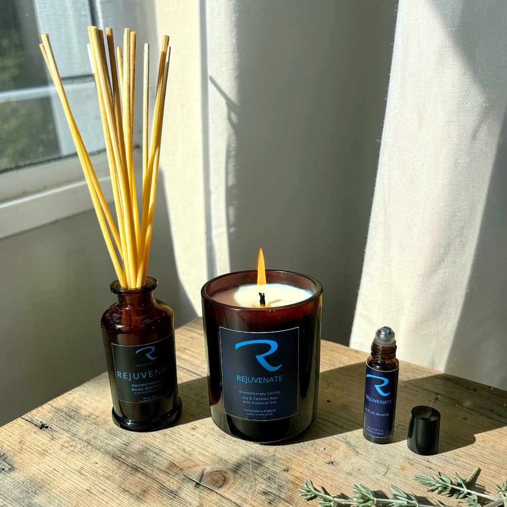 Aromatherapy Candle Rejuvenate, Eco Friendly Candle, Pure Essential Oils Candle, Rejuvenate Candle, Daytime Candle, Office Candle, Awakening Candle, Zesty Candle, matching products to compliment, Reed Diffuser, and Pulse Points, Happy Invigorating Essential Oils 