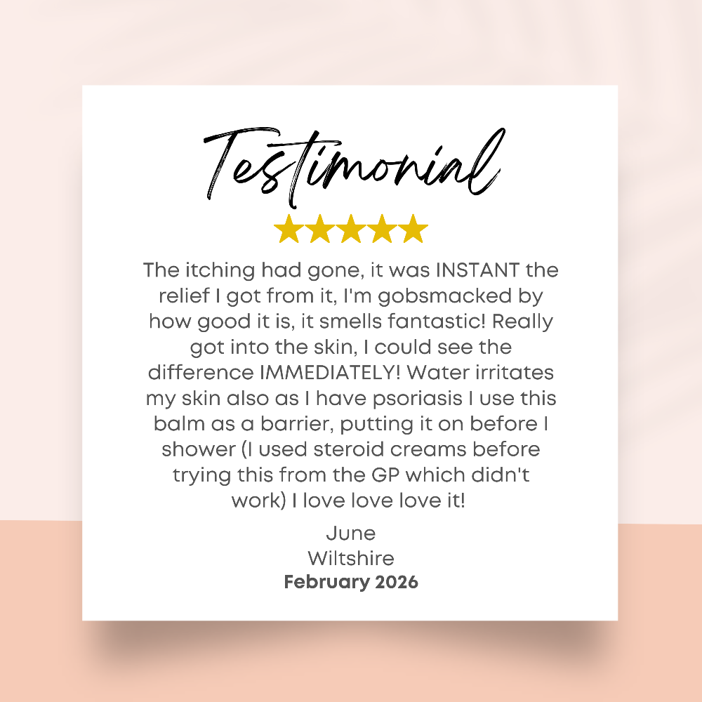 Review of ReCalm Beauty Balm by June from Wiltshire, describing how the waterless formula acts as a protective barrier before showering for skin prone to irritation and severe dryness.  I could see the difference immediately!  I used steriod creams before tyring this from the GP which didn't work).  Using ReCalm Beauty Balm the itching had gone, it was instant the relief I got from it, I'm gobsmacked by how good it is.