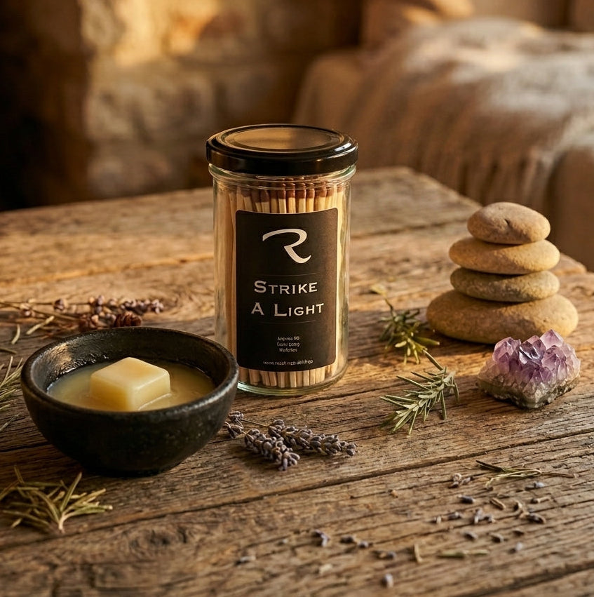Strike a Light candle matches by ReCalm Holistic, for candle lovers. Elegant glass jar of Strike a Light extra long wooden candle matches perfect fr lighting your ReCalm Holistic Aromatherapy Candles, handcrafted in Wiltshire UK.