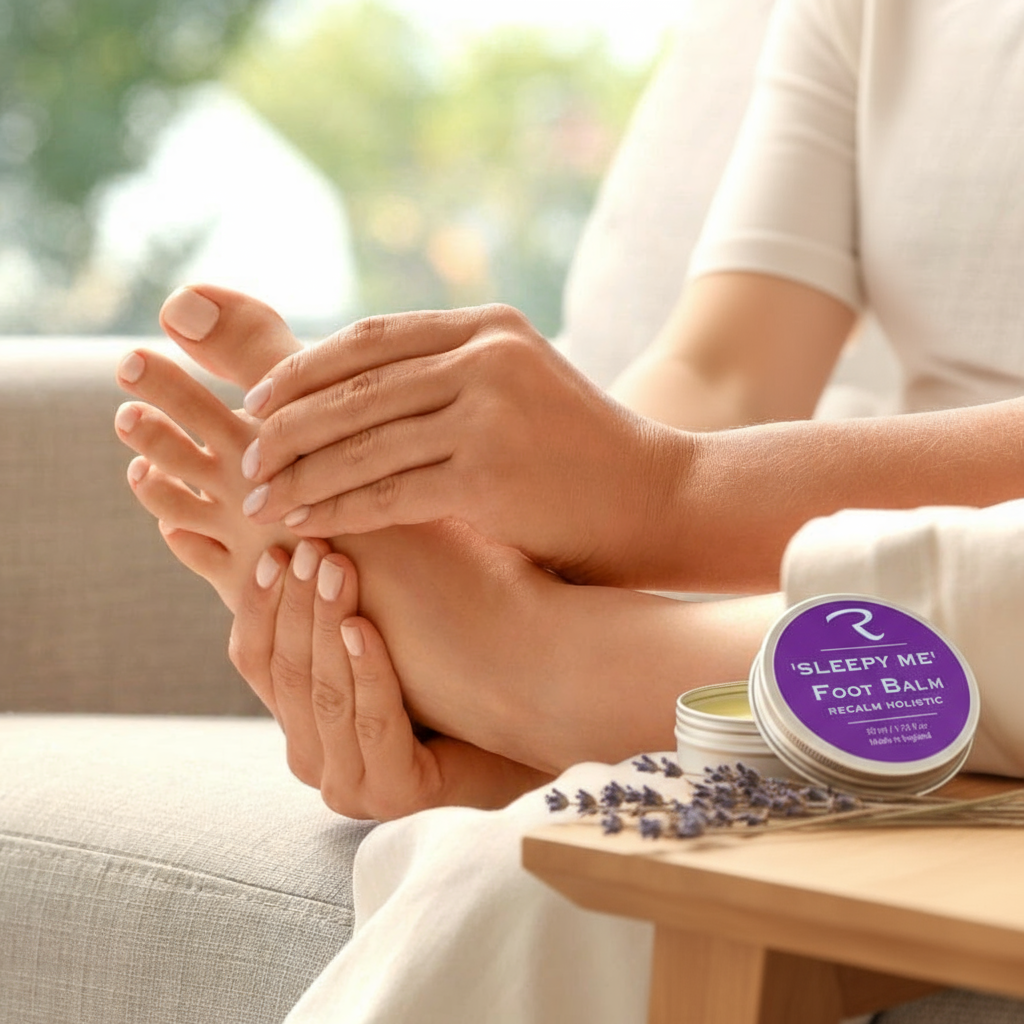 with sleepy me balm OUR PRODUCT women massaging clear balm into one of her feet